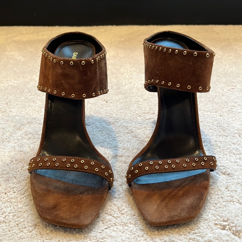 Saint Laurent Brown Mica Studded Suede High-Heel Sandals